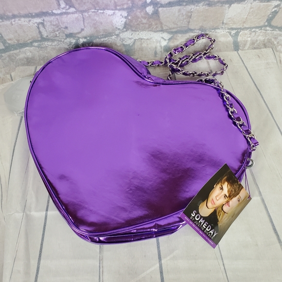 Justin Bieber Metallic Purple Quilted Heart Handbag Dead Stock Chain Strap - Picture 7 of 12